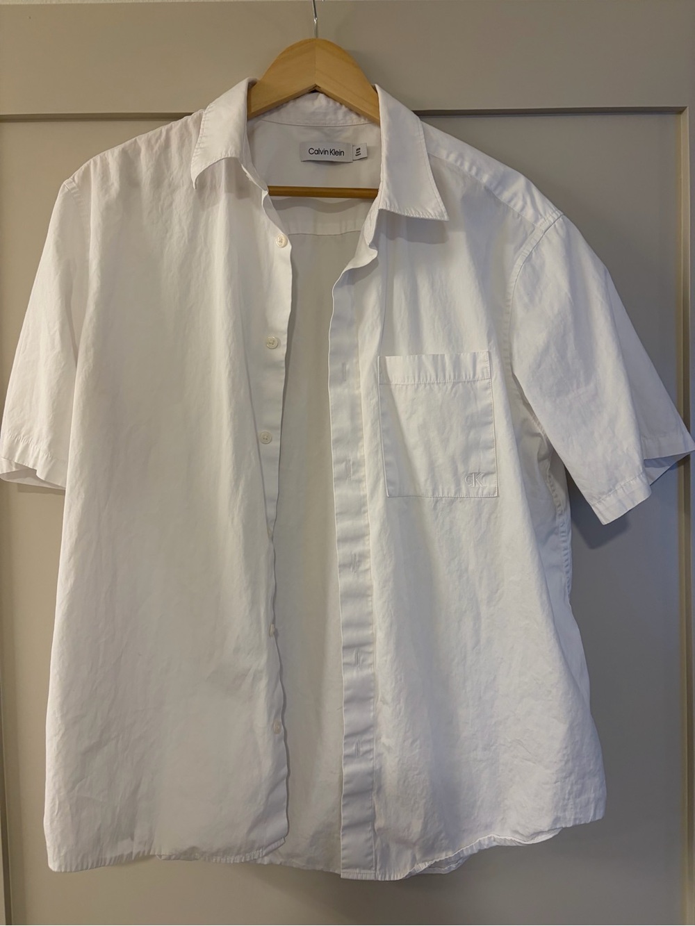 Calvin Klein White Short Sleeve Button-Down Shirt with Chest Pocket
